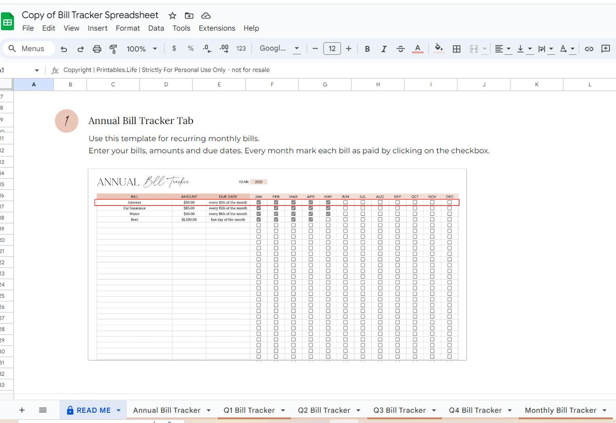 Instant download for Bill Tracker on Google docs to track your bills with ease. 