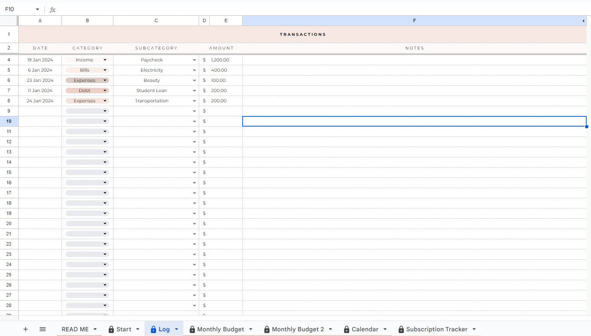 Monthly budget tracker on google docs. 