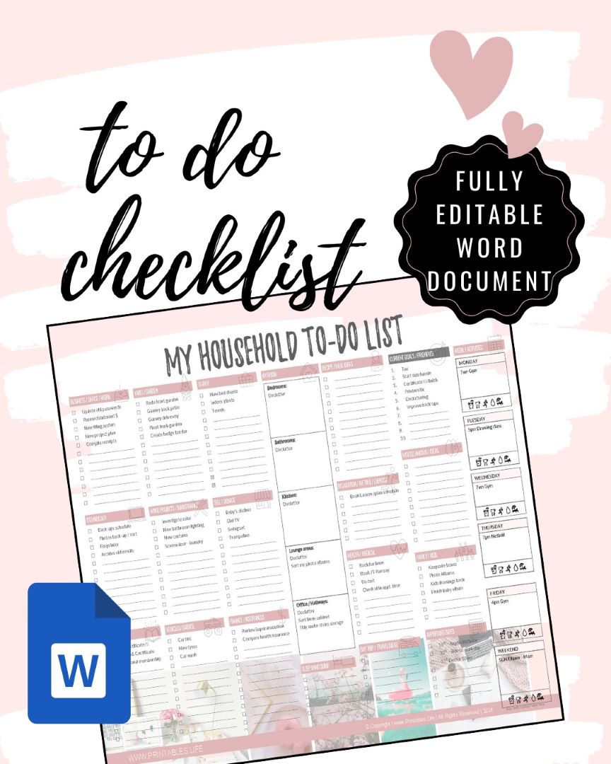To do household checklist template editable in Word pink