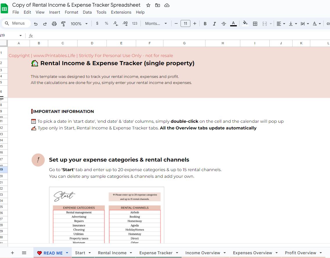Property income spreadsheet for google docs for instant download